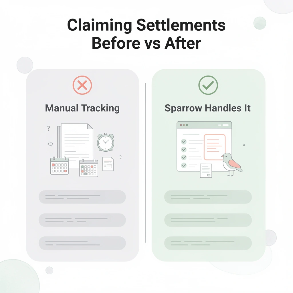 Before and after comparison of manual settlement tracking versus using Sparrow