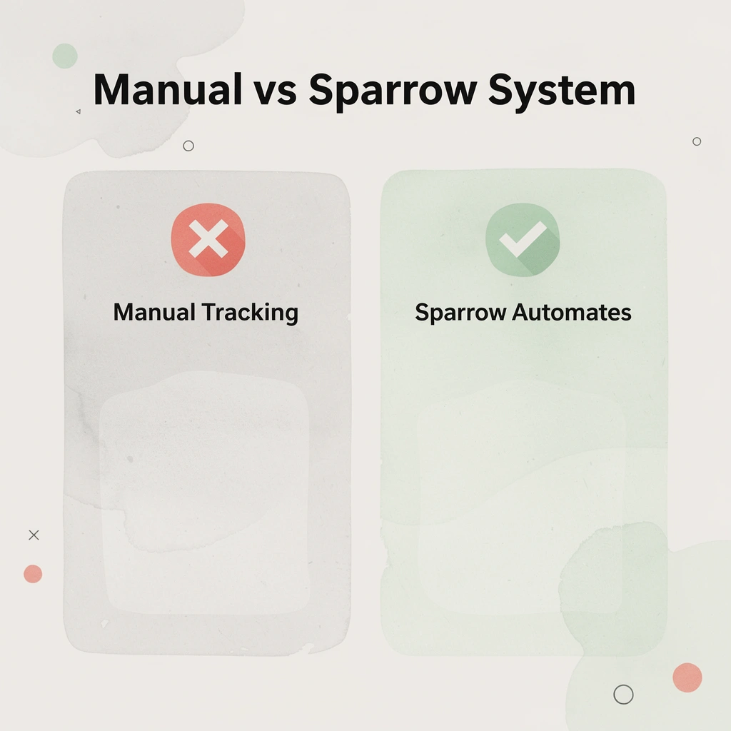 Before and after infographic comparing manual claim tracking versus using Sparrow's automated system