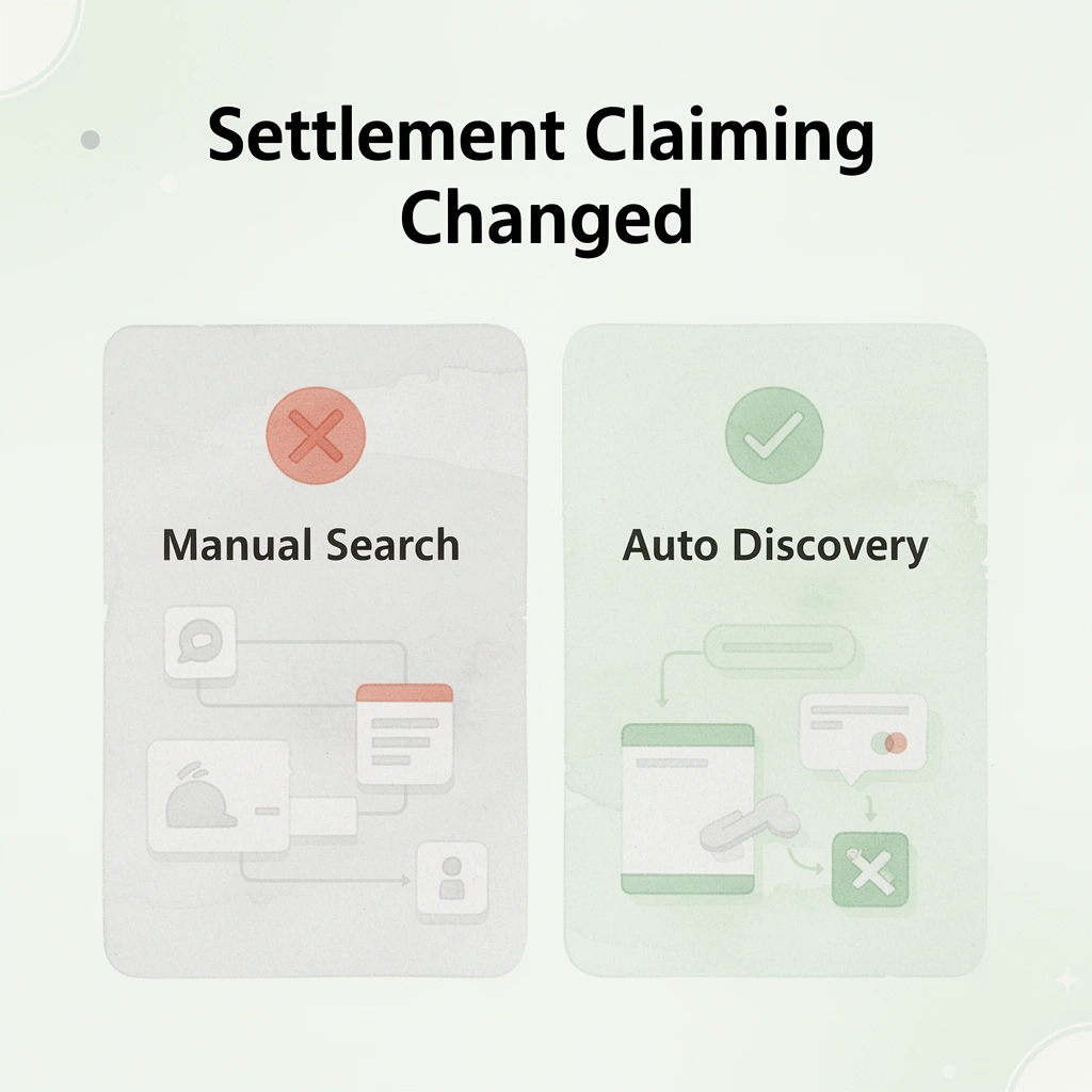 Before and after showing manual settlement search versus Sparrow's automatic discovery