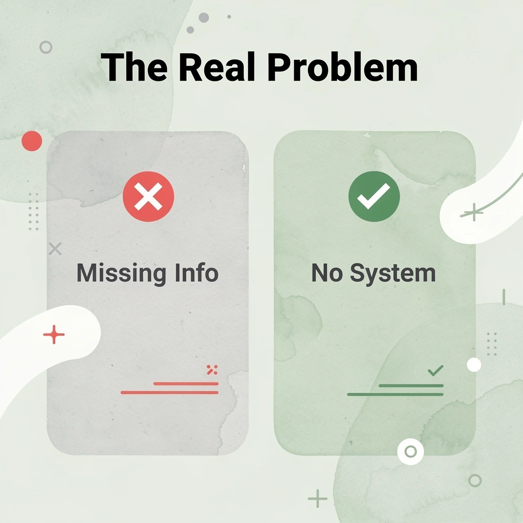 Before and after infographic showing the shift from missing information to lacking a system