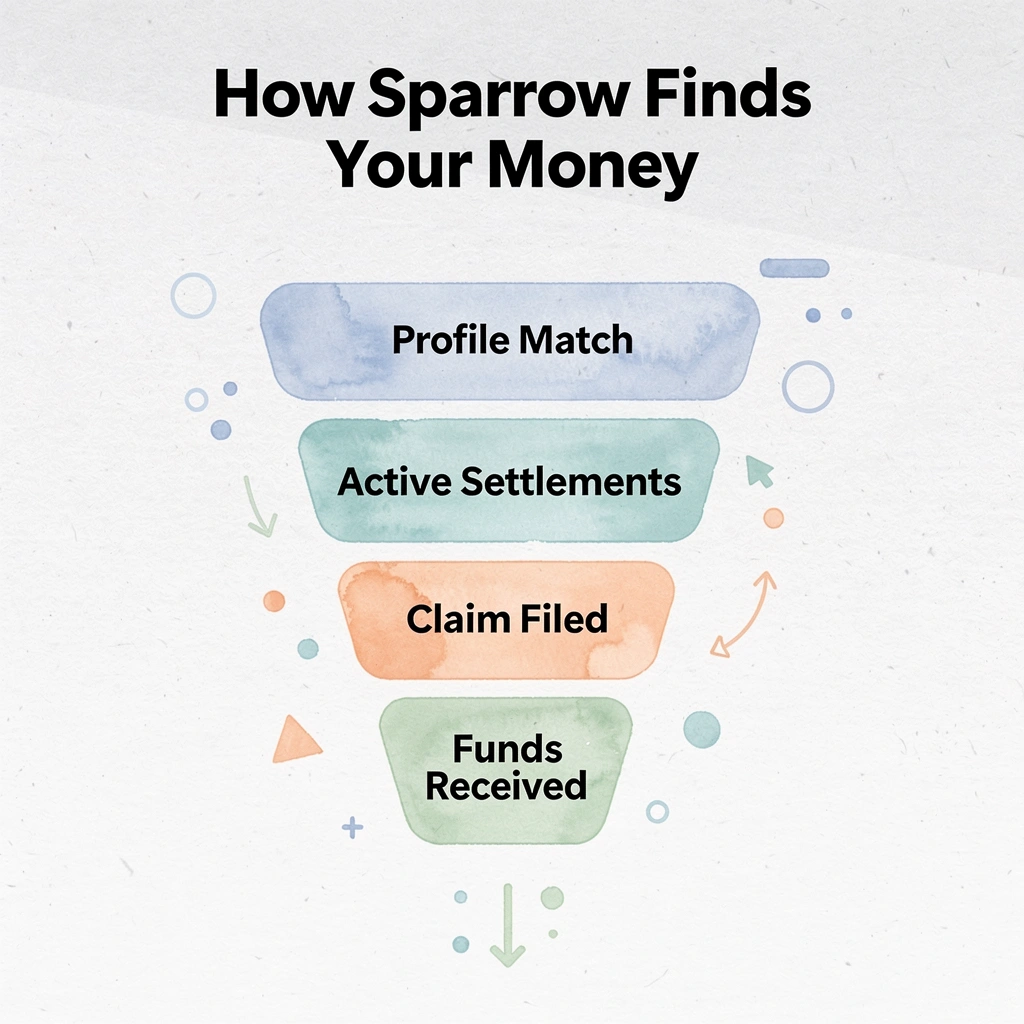 Funnel infographic showing Sparrow's four-stage process from profile matching to receiving funds