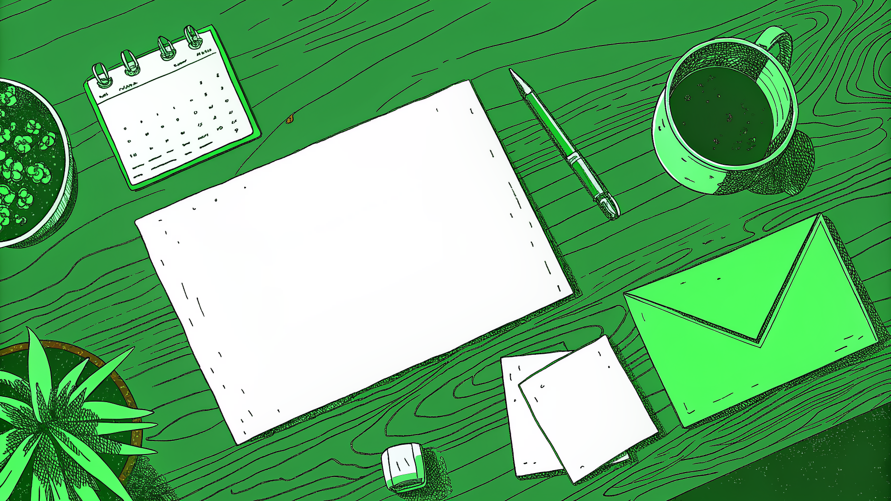 Desk scene with a blank check, envelope, circled calendar, and dashed timeline dots