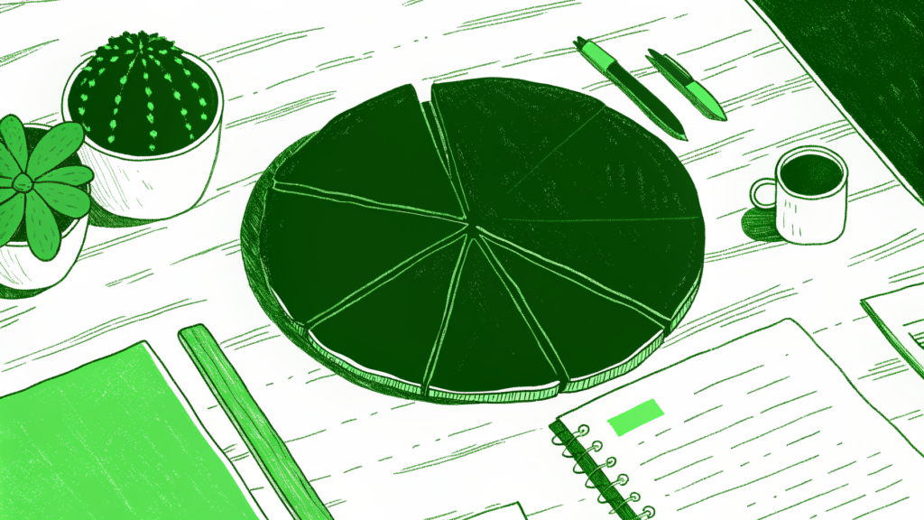 Settlement fund pie chart showing attorney fees, liens, and small claimant net share on desk
