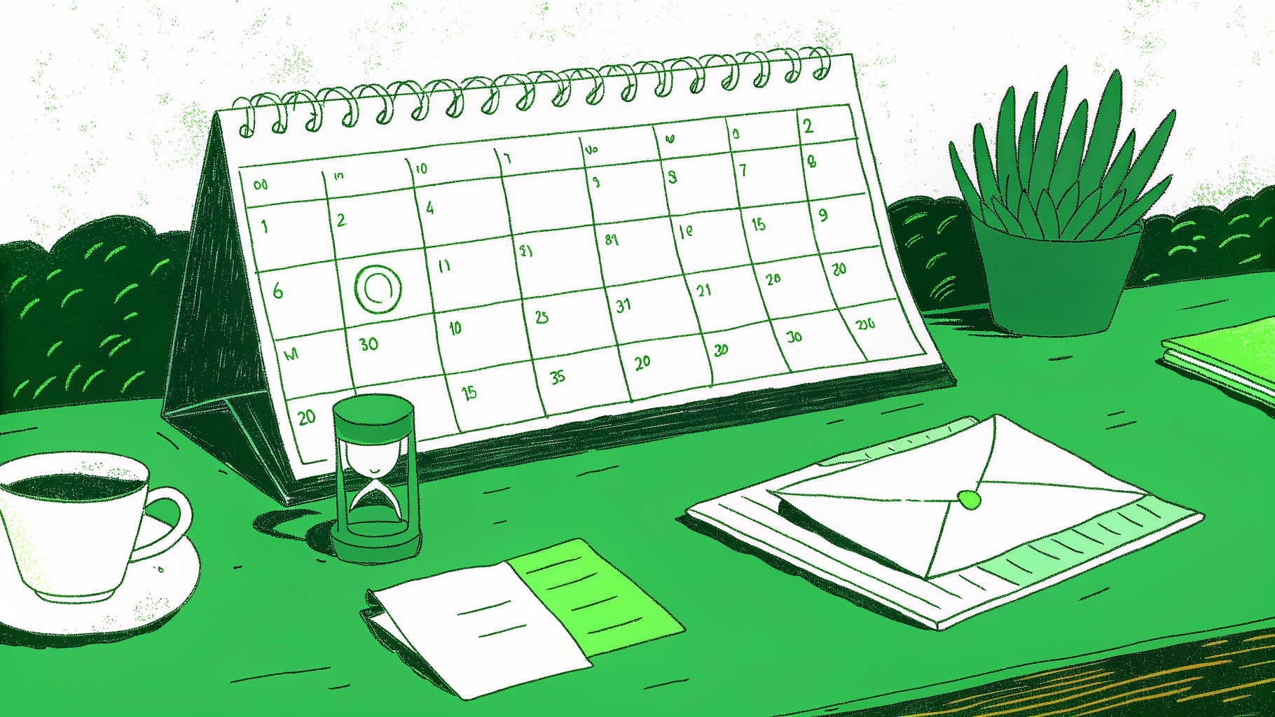 Desk scene with timeline calendar, sealed envelopes, check, hourglass, and magnifying glass representing class action settlement wait time