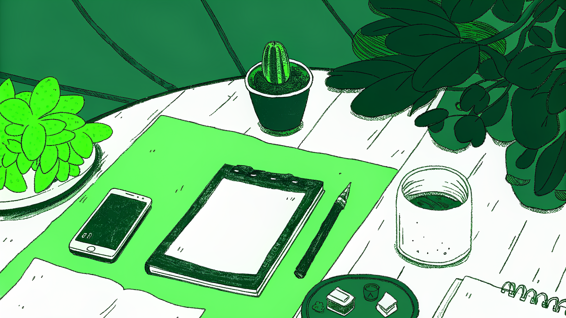 Desk scene with settlement check, clipboard, timeline markers, and magnifying glass