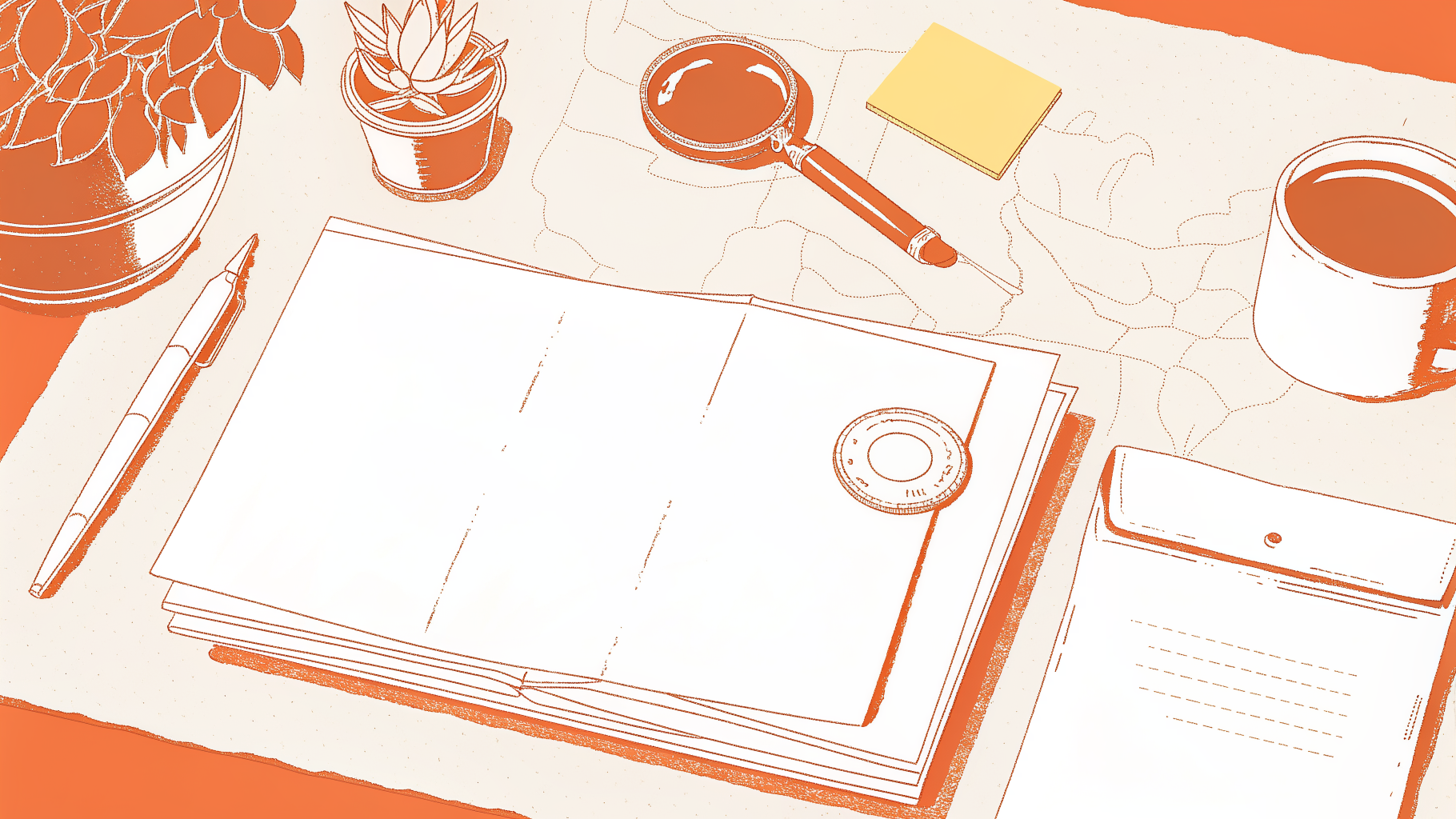 Desk scene with closed bank passbook, magnifying glass over US map, and unclaimed envelopes
