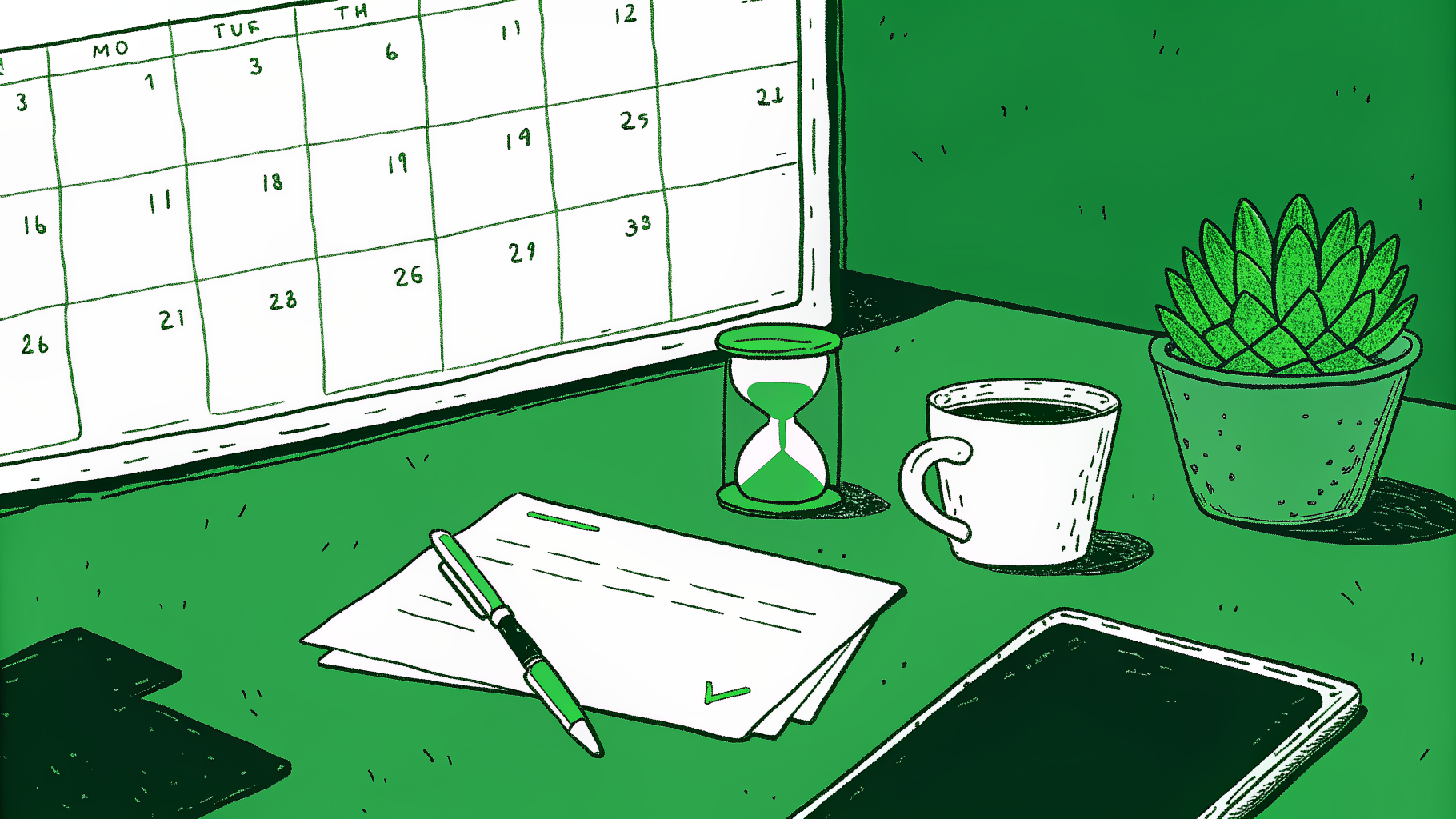 Desk flat-lay with calendar, hourglass, signed envelope, and settlement check timeline props