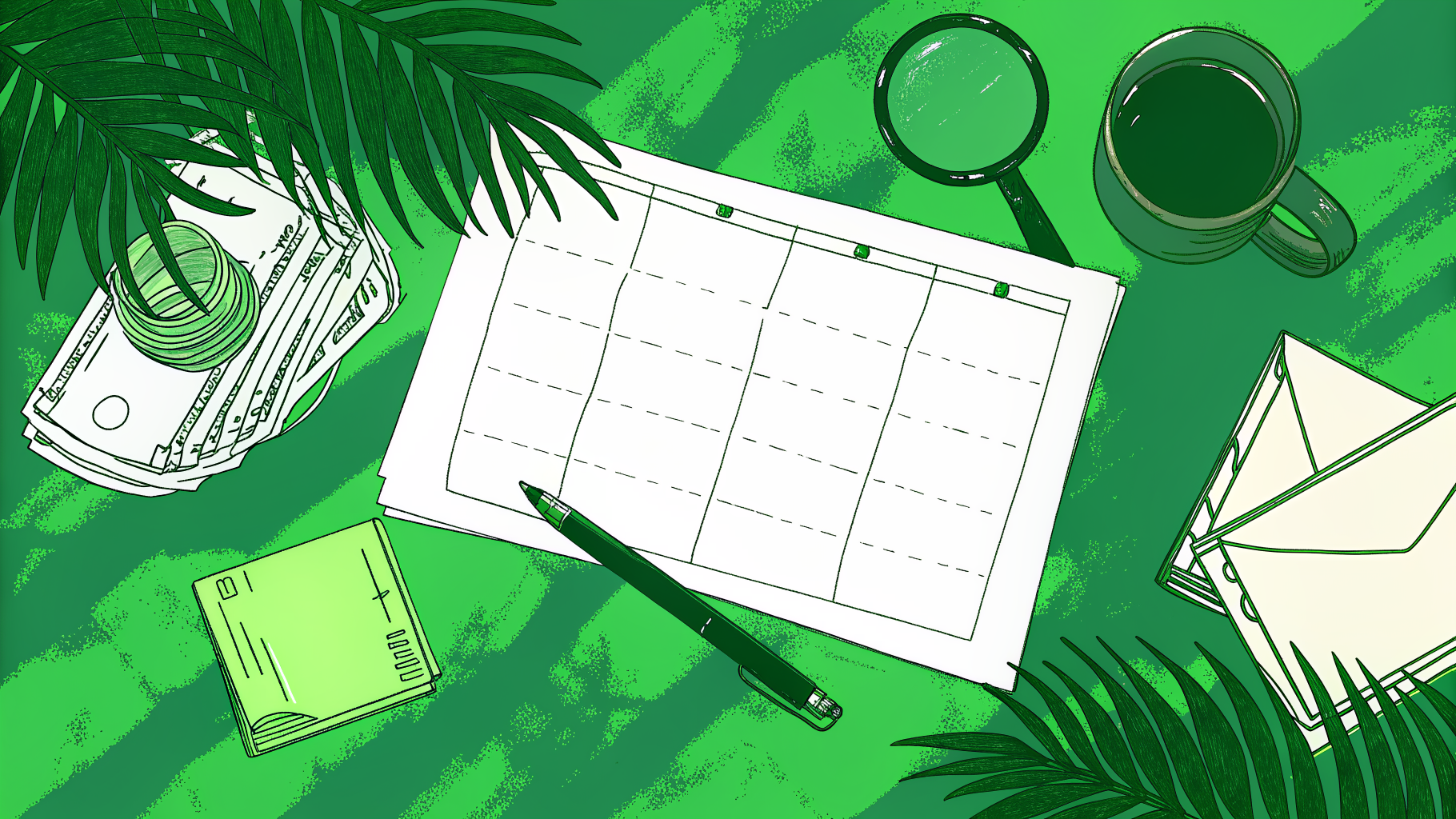 Desk scene with tax envelope, dollar bills, magnifying glass, and deadline calendar