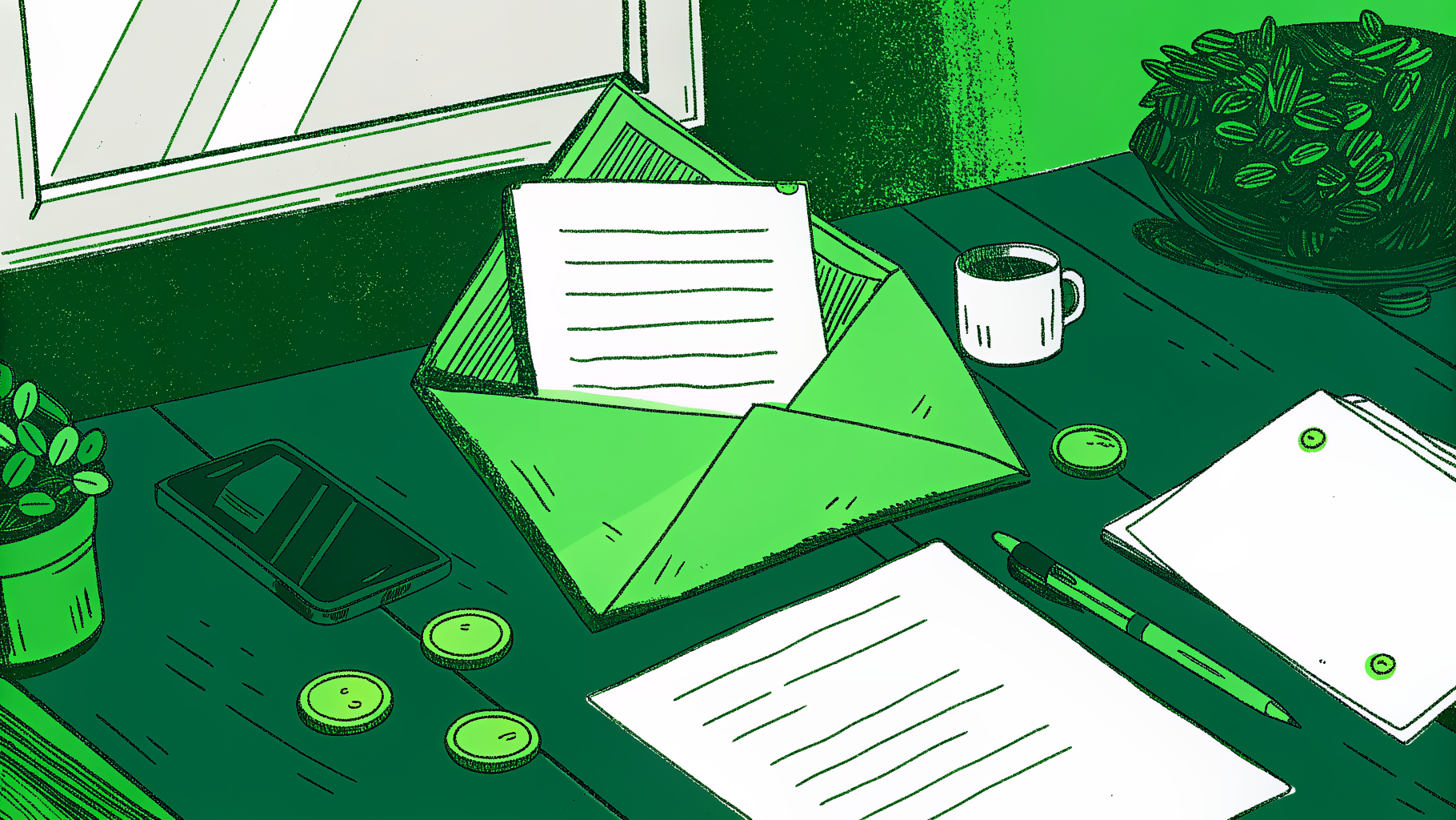 Desk scene with unclaimed check, coins, claim forms, magnifying glass, and piggy bank