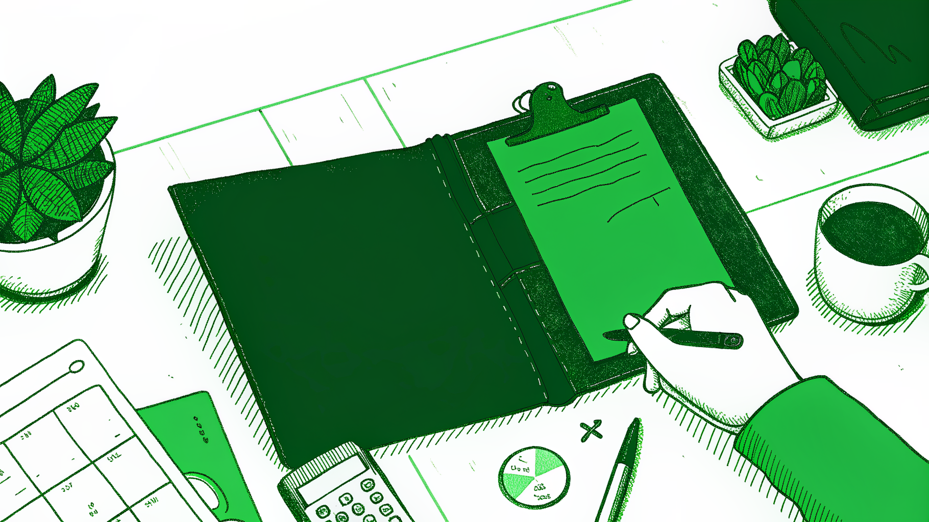 Settlement check and pie-divided notepad on a tidy desk with calculator and coffee mug