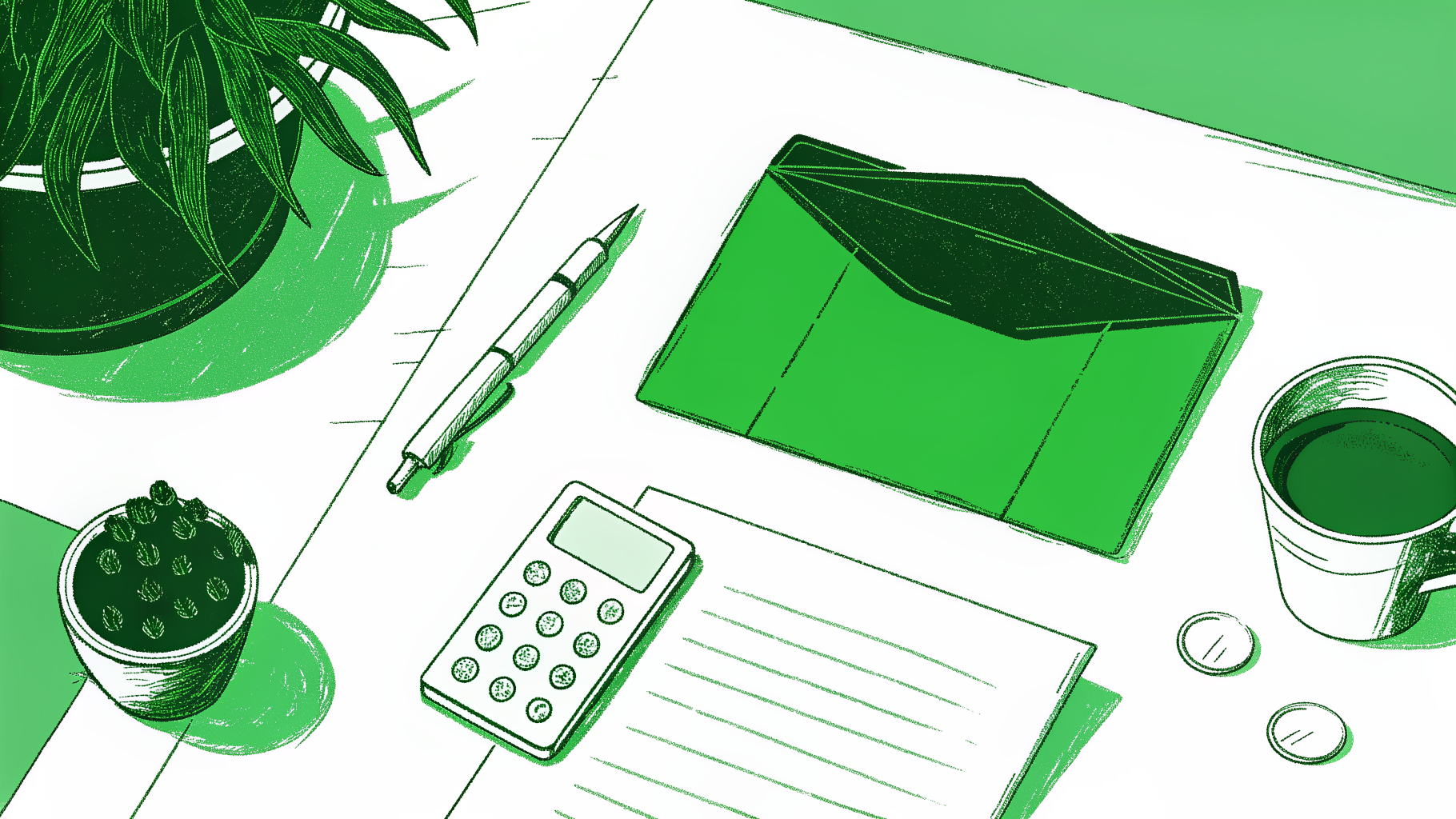 Settlement check, open envelope, and pen on a calm desk ready to endorse