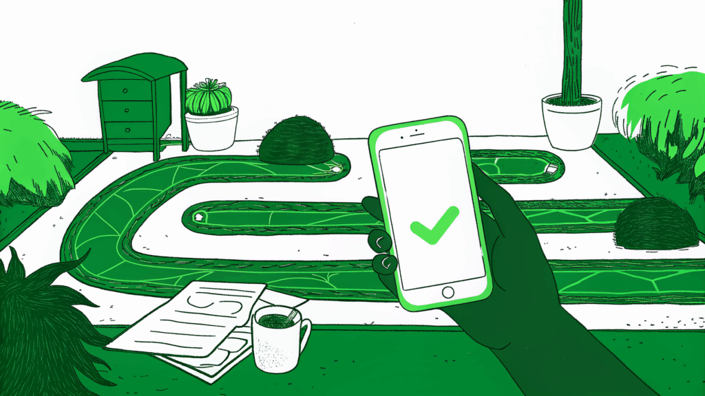 Hand holding phone tracking tax refund status through three illustrated checkpoint stages
