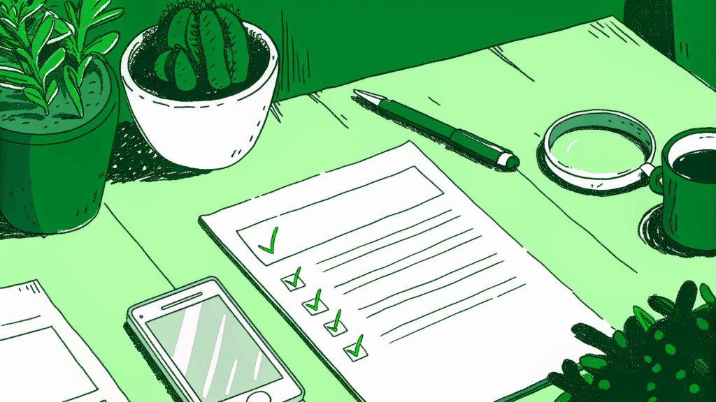Pen hovering over unsigned settlement check beside a magnifying glass and checklist on a desk