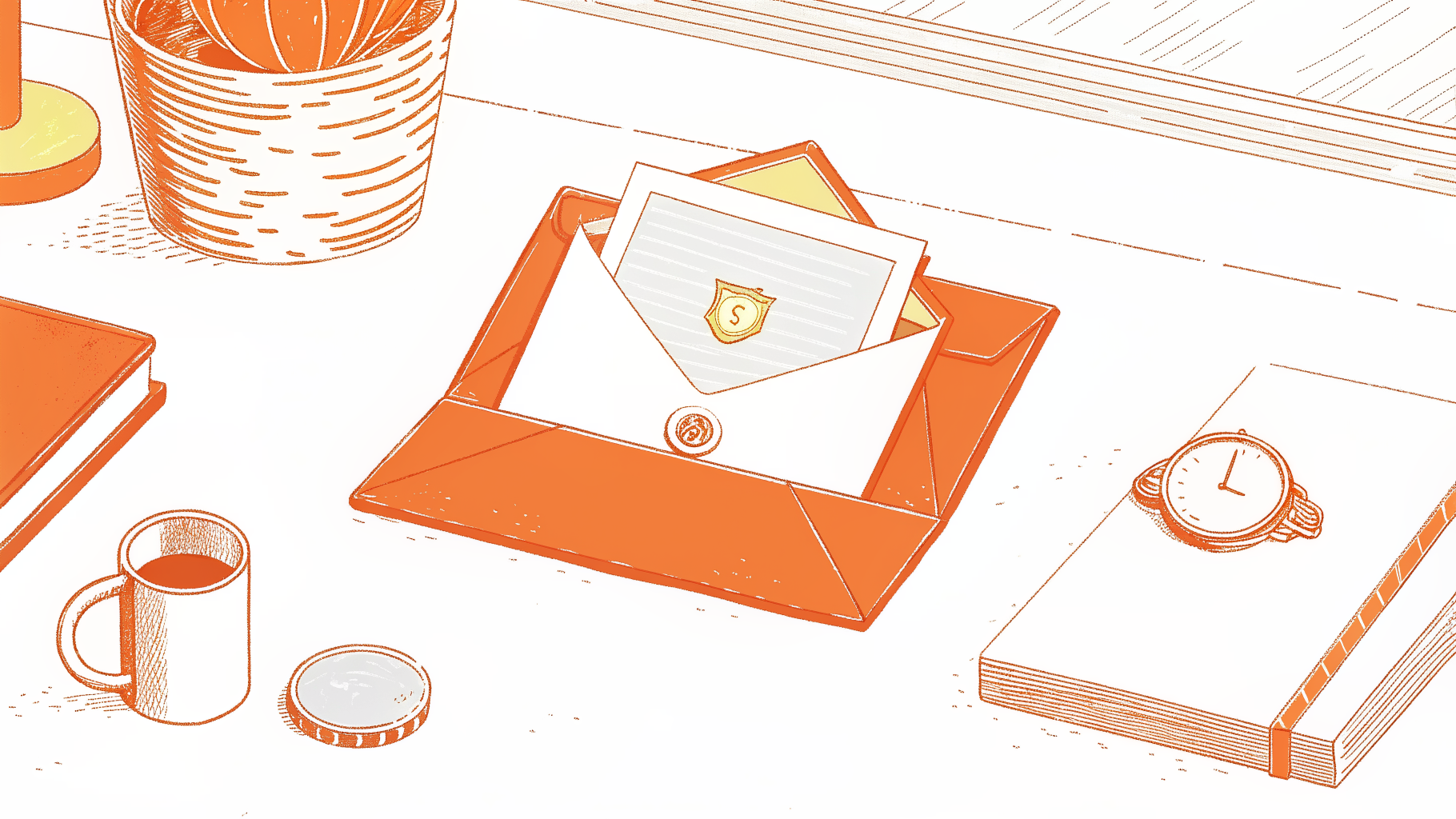 Desk scene with breach notice envelope, coins, magnifying glass, and deadline clock