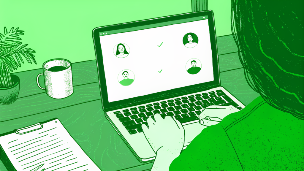 Person searching Ohio unclaimed funds portal on laptop with name variations and address notes nearby