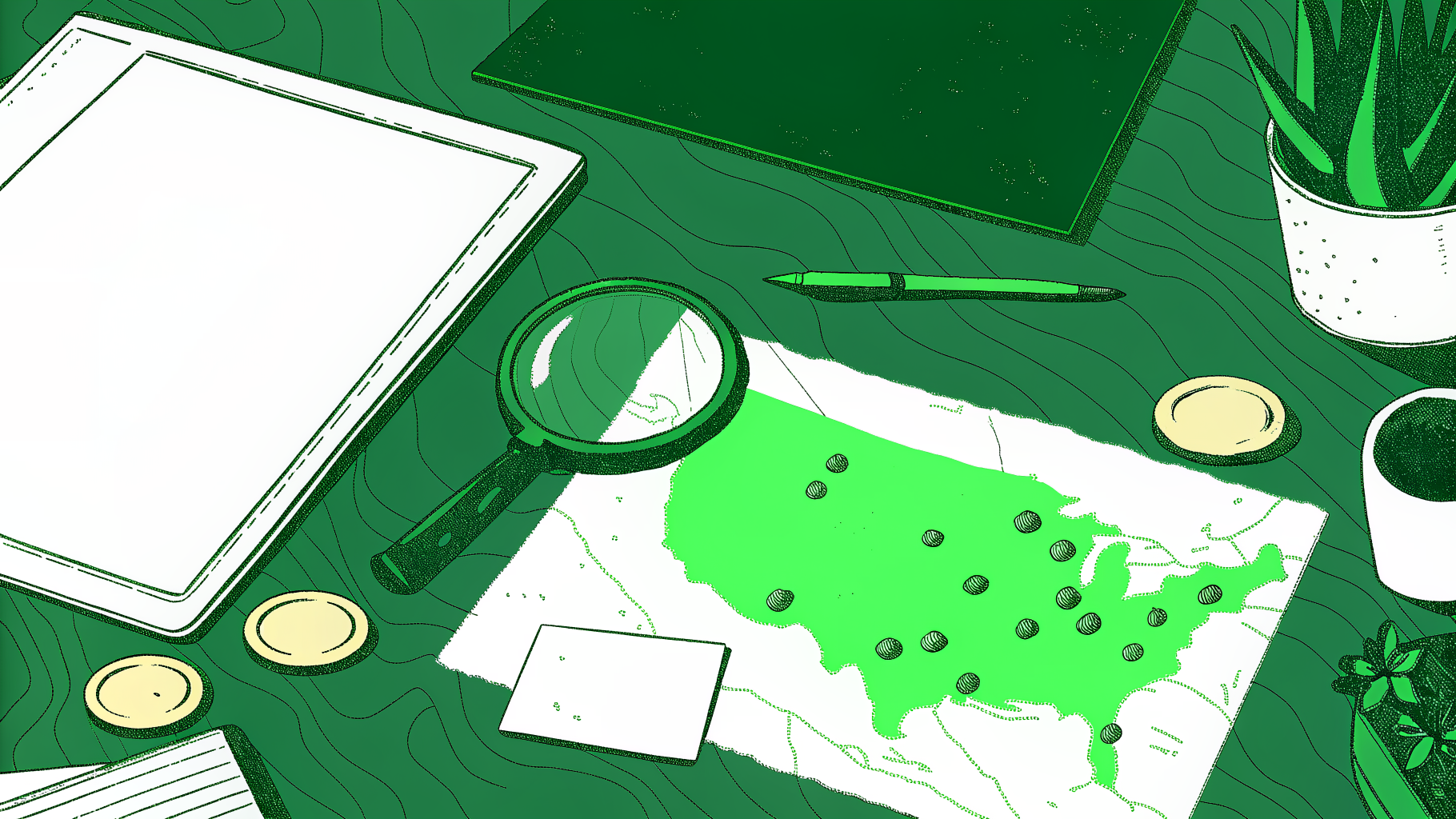 Top-down desk with California map, magnifying glass, gold coins, and documents