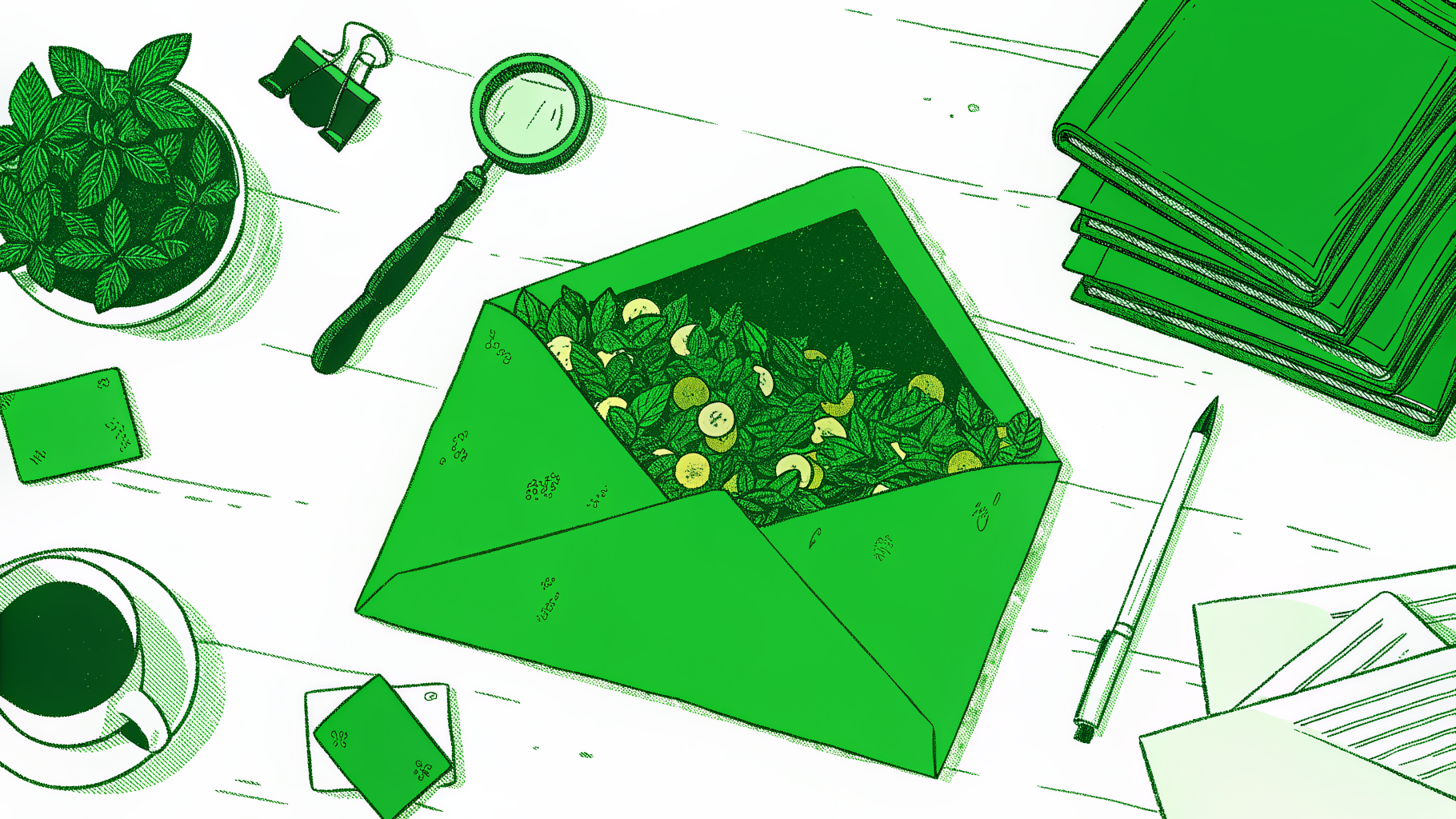 Desk scene with unclaimed scholarship envelopes, coins, graduation cap, and magnifying glass