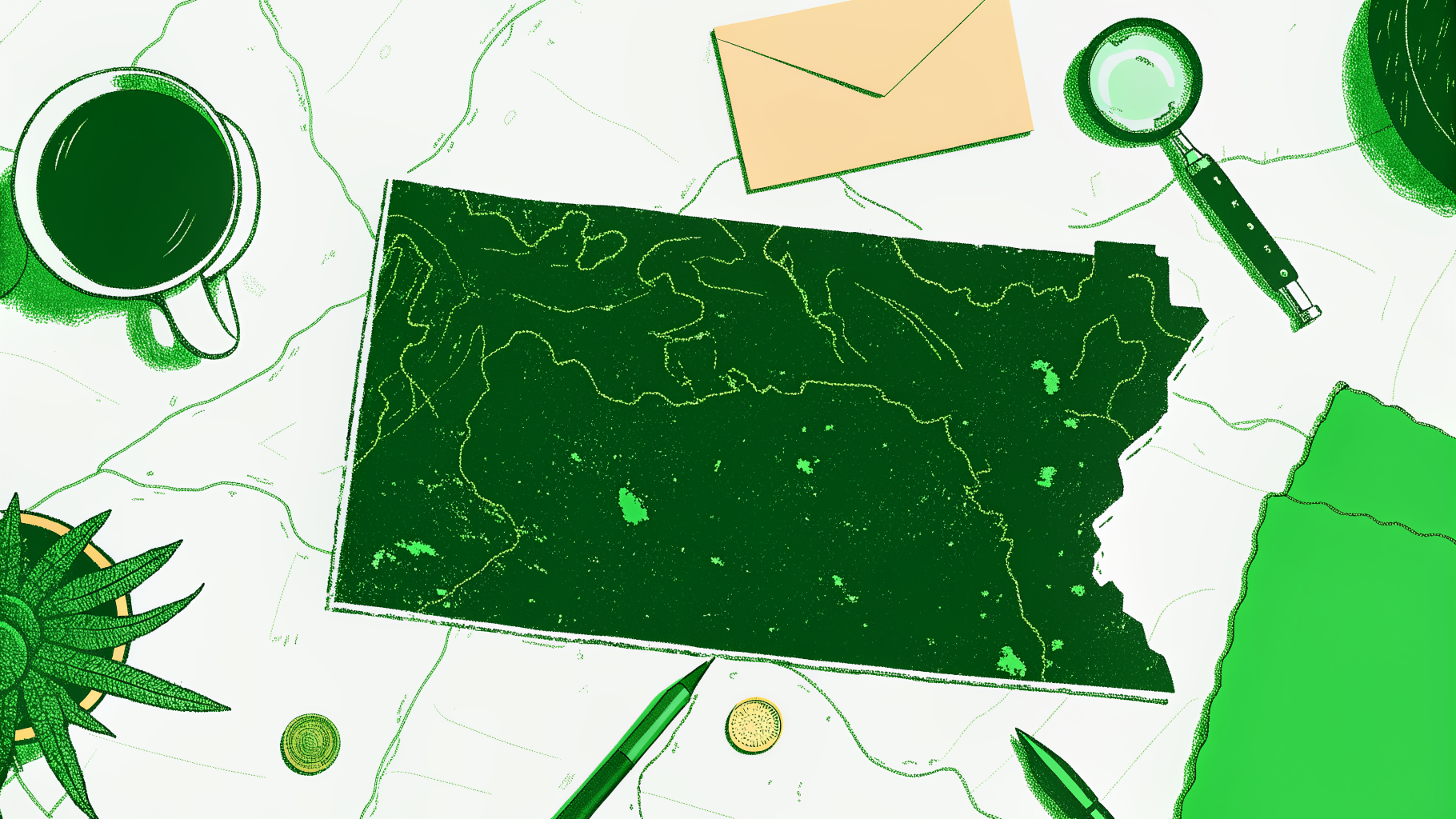 Top-down desk with Pennsylvania map, magnifying glass, coins, and envelope symbolizing unclaimed property search