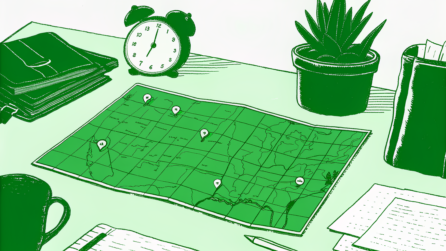Top-down desk with US map, pinned states, documents, hourglass, and open wallet
