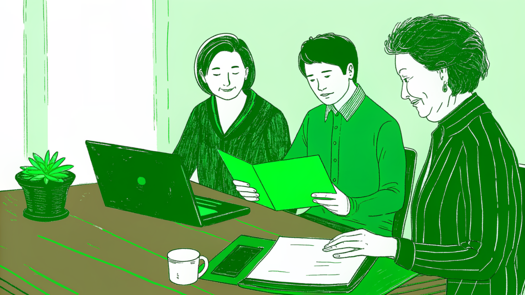Three people reviewing unclaimed property documents and a laptop search portal together