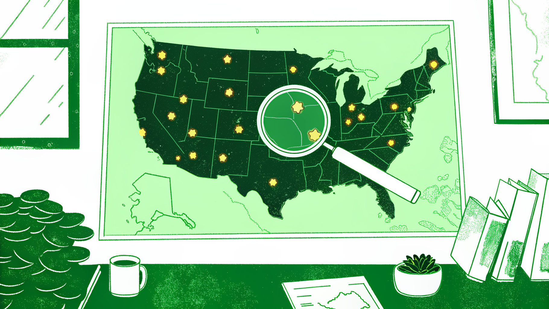 Desk flatlay with US map, magnifying glass, gold coins, and unclaimed property search tools