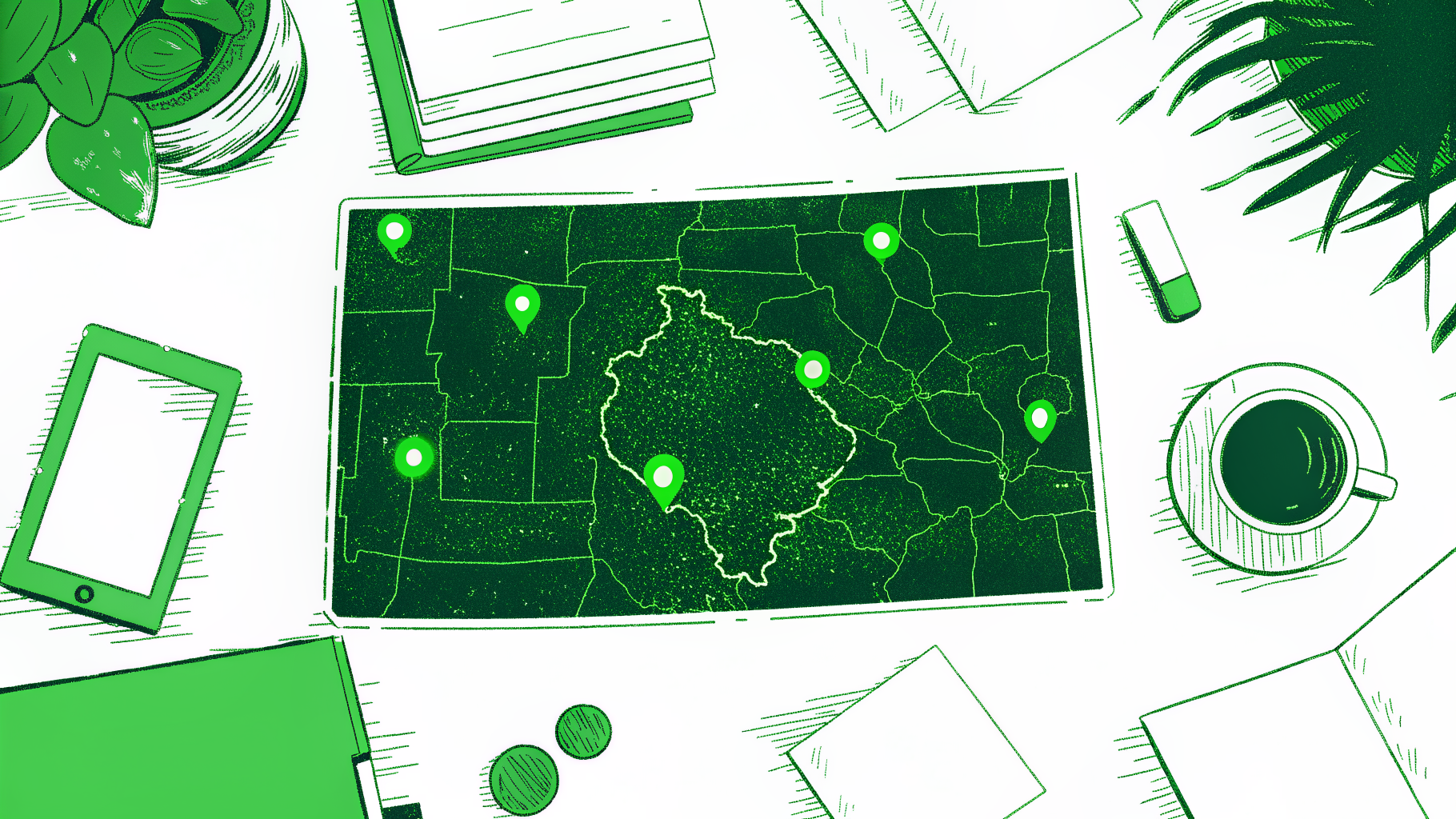 Desk with Illinois map, magnifying glass, envelopes, and gold coins representing unclaimed property search