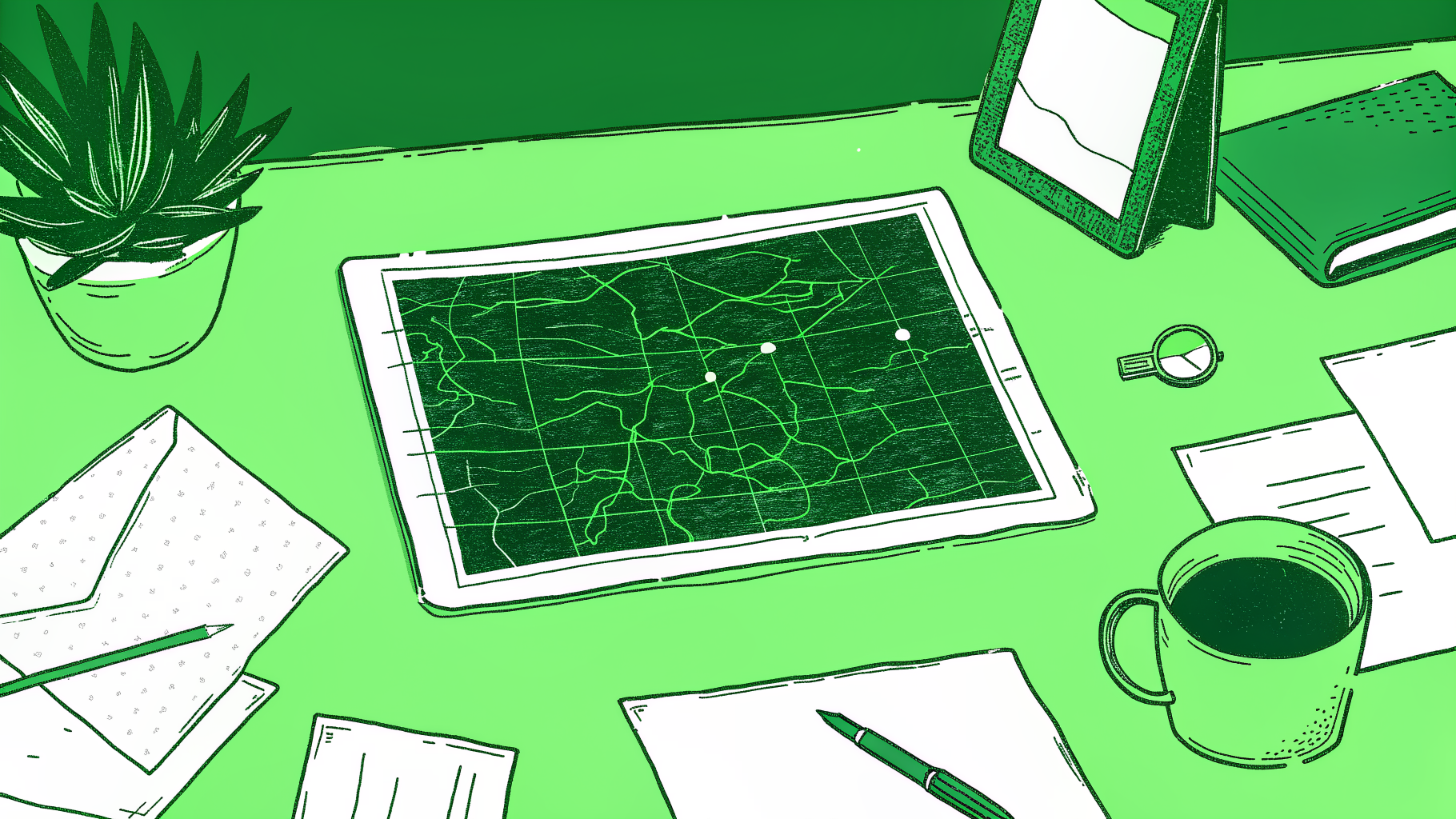 Kansas map with magnifying glass, documents, and abstract search panel on a tidy desk