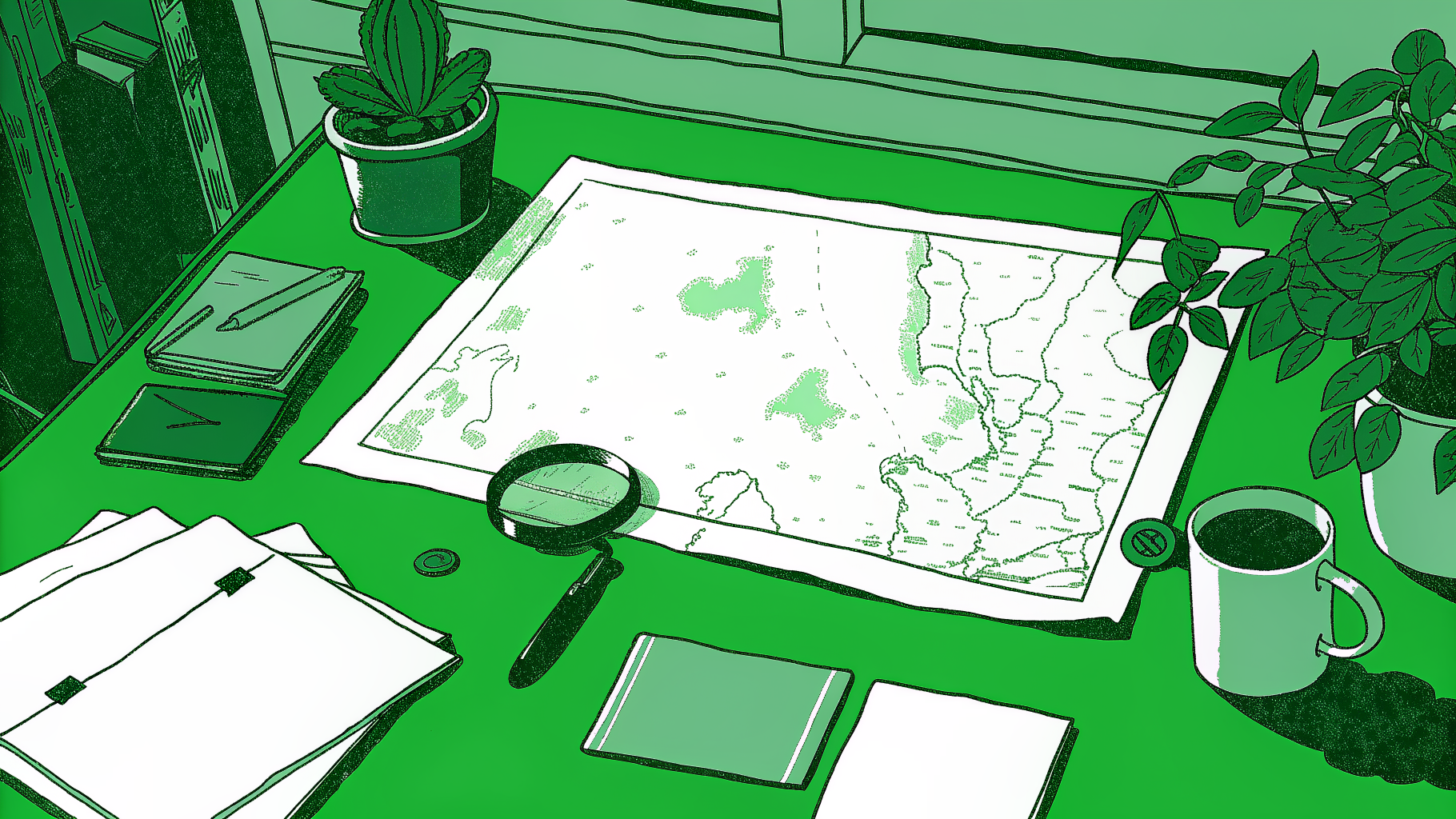 Desk with Massachusetts map, magnifying glass, documents, coins, and coffee mug