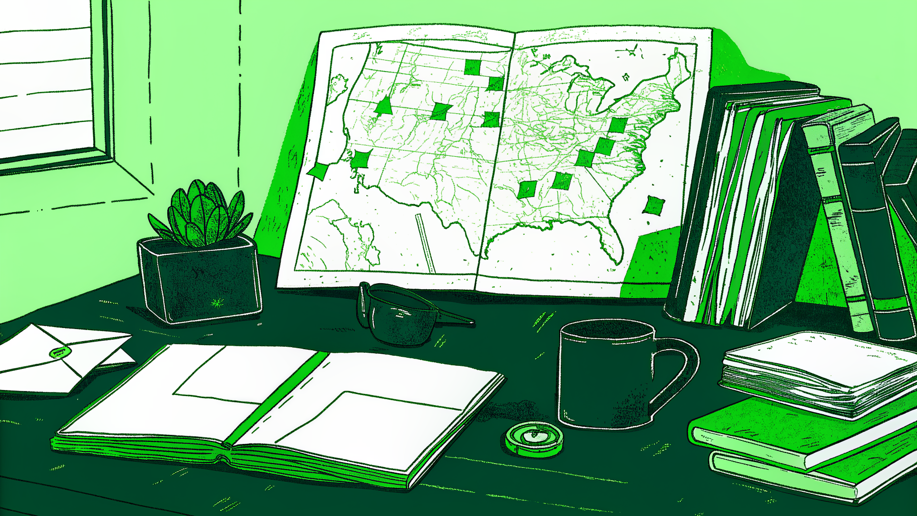 Desk with US map, pinned sticky notes, envelopes, and a brass key representing unclaimed property search