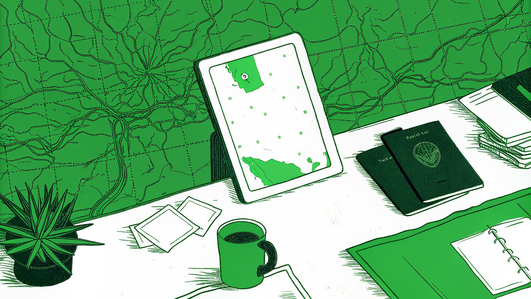 Desk with Indiana map, magnifying glass, identity documents, and abstract glowing tablet panel
