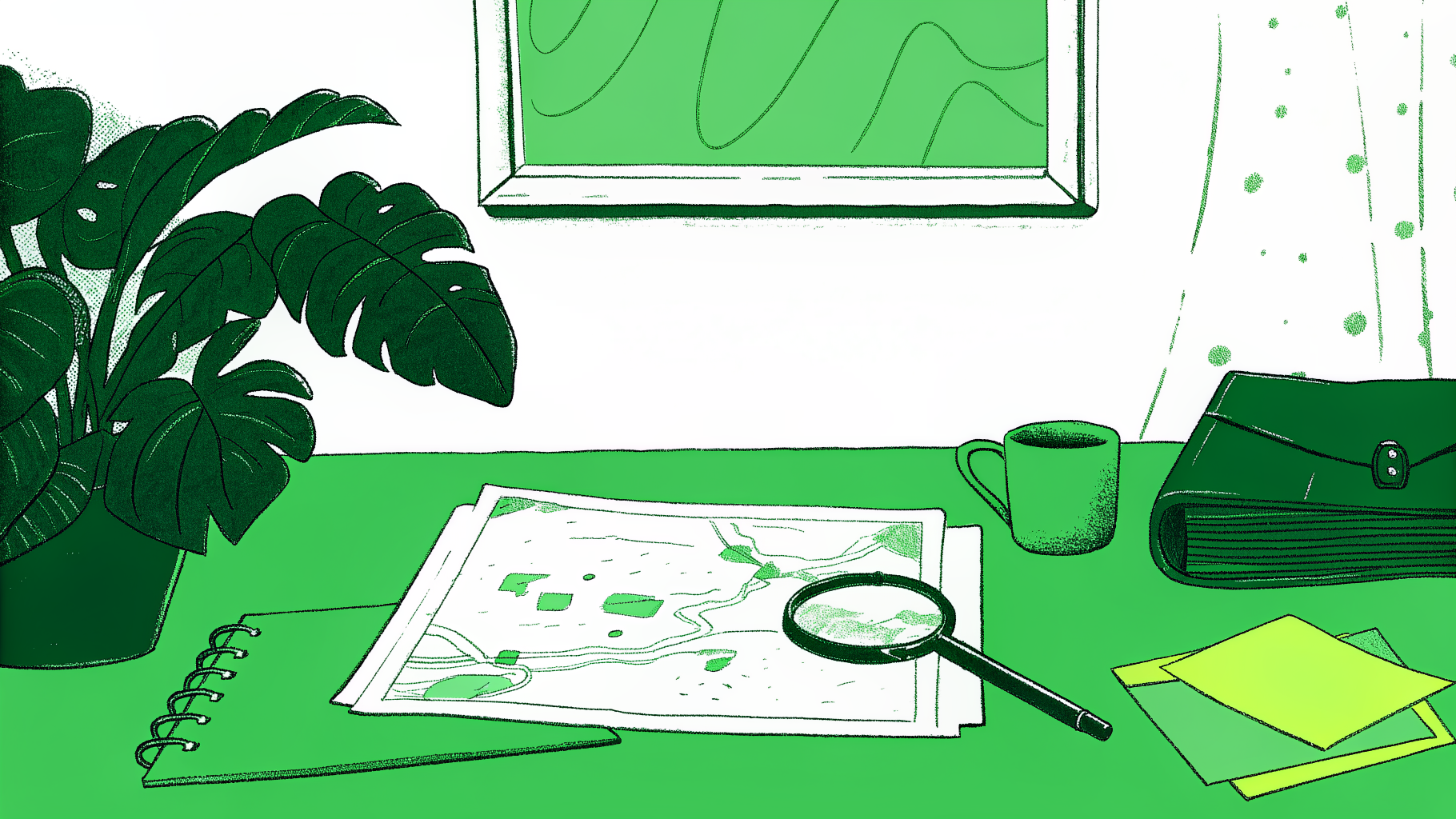 Desk flat-lay with Louisiana map, unclaimed envelopes, magnifying glass, and documents