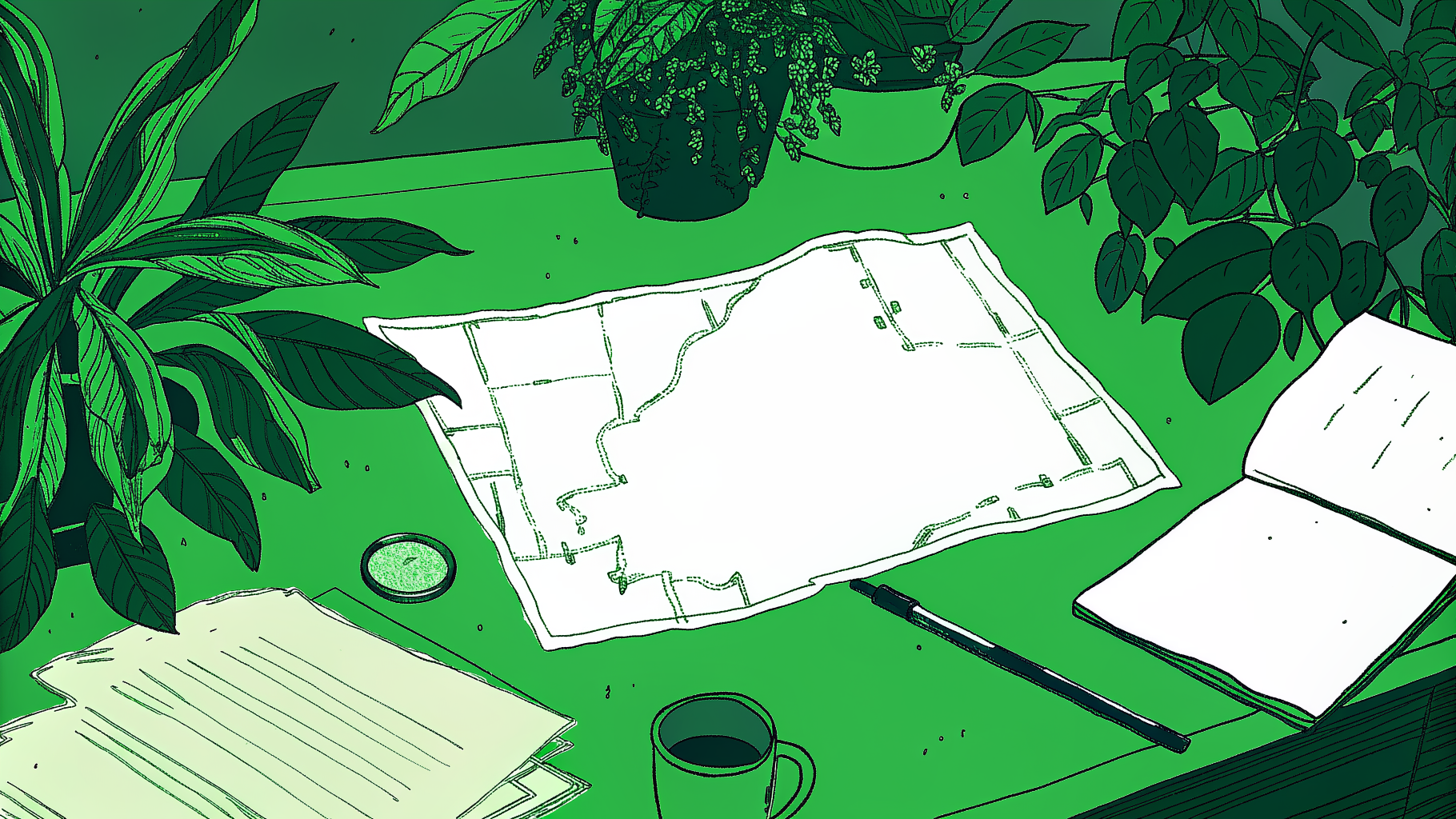 Desk with Ohio map, coin stacks, envelopes, and magnifying glass for unclaimed funds search
