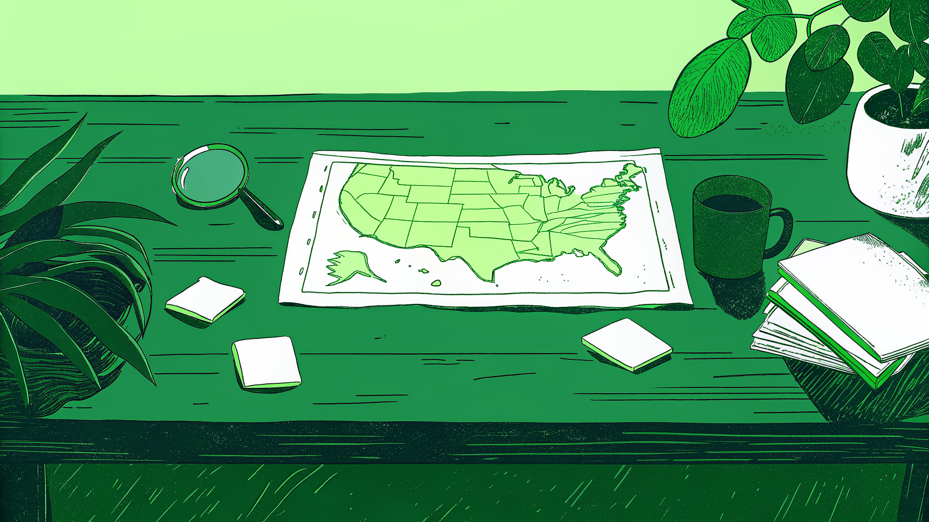 Desk with US map, magnifying glass, documents, and coins for unclaimed money search