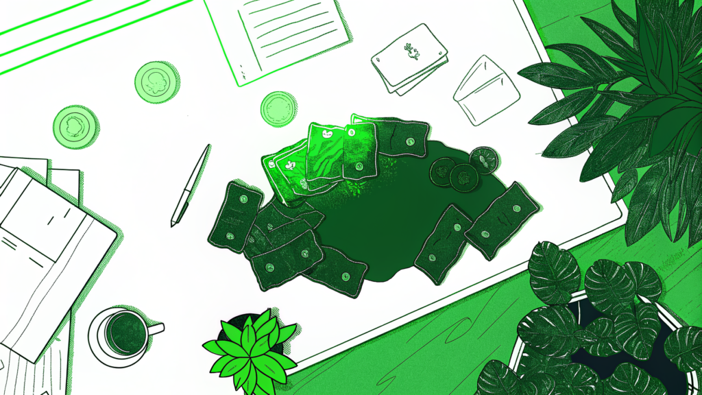 Wisconsin state silhouette surrounded by drifting unclaimed money documents, coins, and life-event props