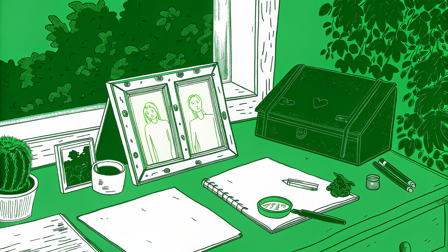 Desk with estate documents, magnifying glass, brass key, and family photo for unclaimed inheritance search